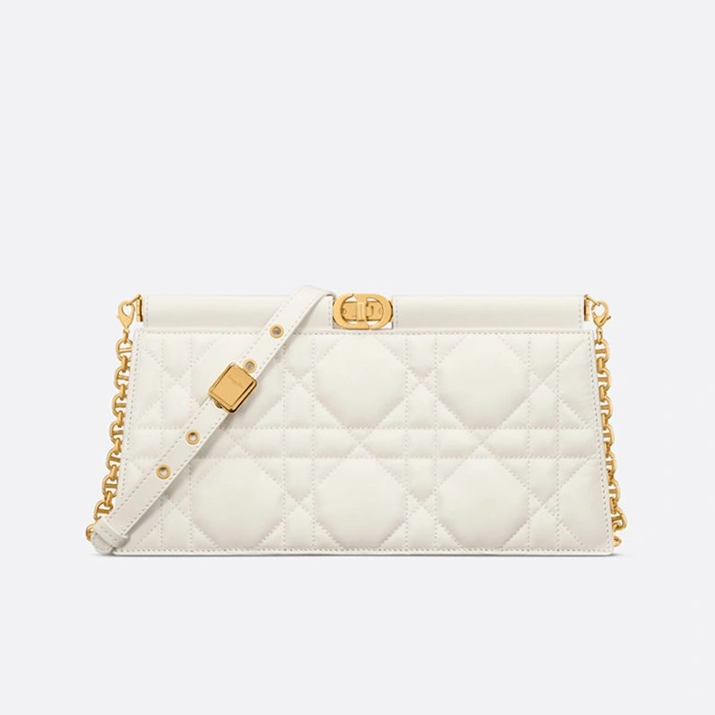 Affordable 1802 Dior Caro Colle Noire Clutch with Chain Cannage Lambskin White