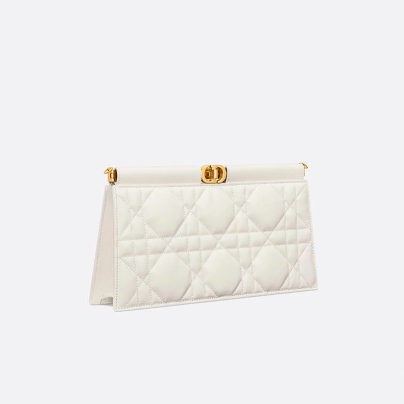 Affordable 1802 Dior Caro Colle Noire Clutch with Chain Cannage Lambskin White