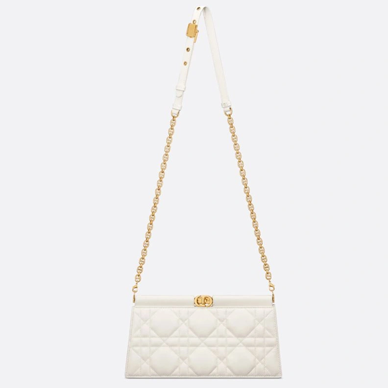Affordable 1802 Dior Caro Colle Noire Clutch with Chain Cannage Lambskin White