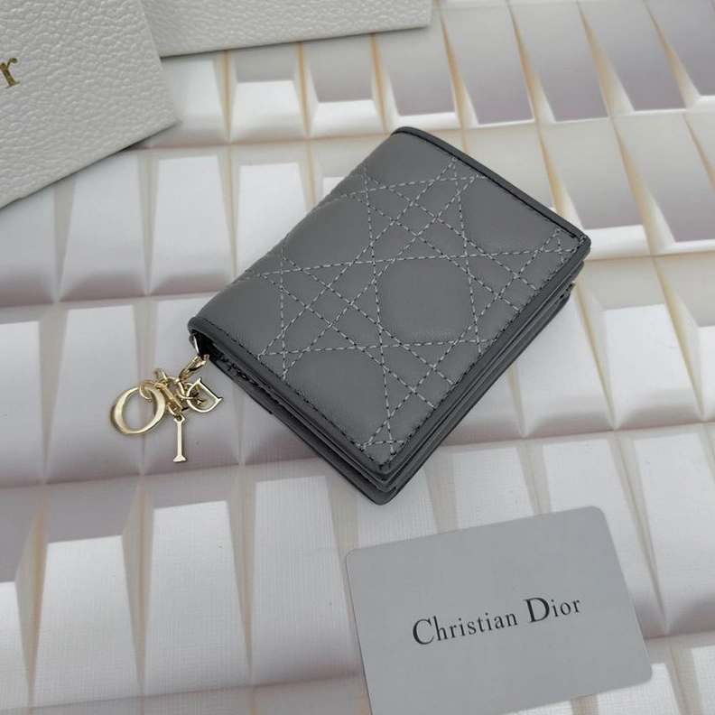 Affordable 2608 Mini Lady Dior Flap Card Holder Cannage Lambskin Grey