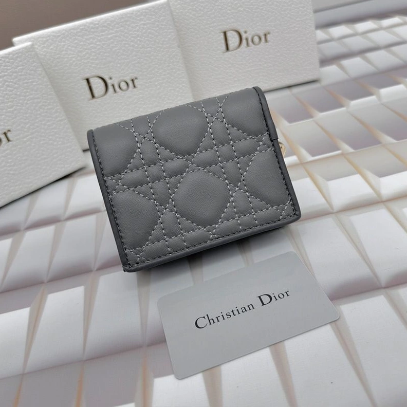 Affordable 2608 Mini Lady Dior Flap Card Holder Cannage Lambskin Grey