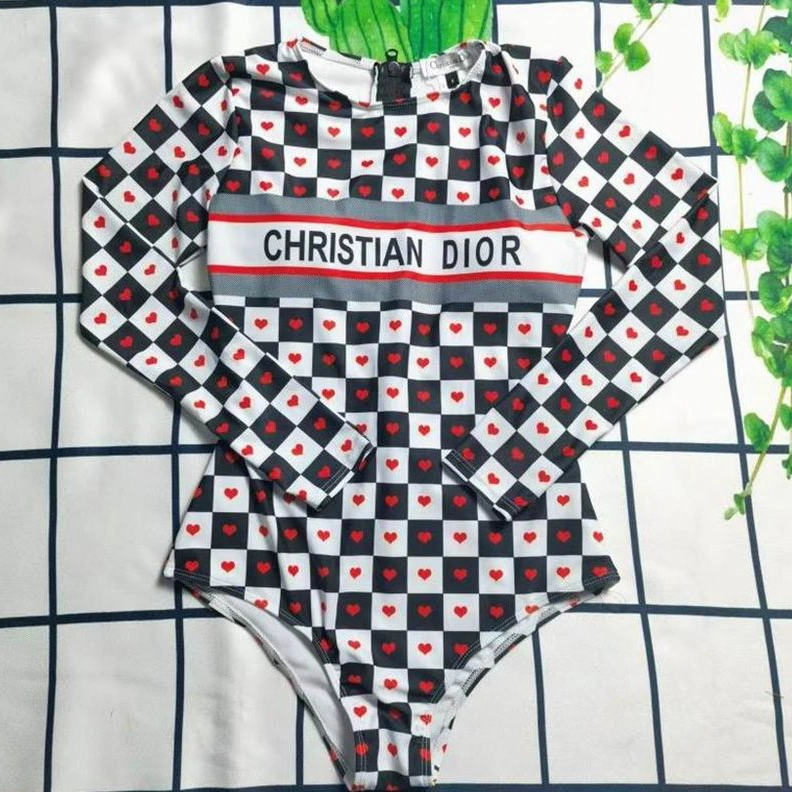 Affordable 2792 Christian Dior Bodysuit Women Dioramour D-Chess Heart Motif Lycra Black White