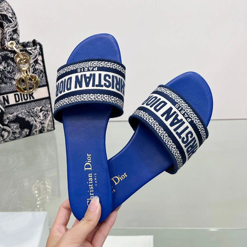 Affordable 3140 Christian Dior Dway Slides Women Canvas Bright Blue
