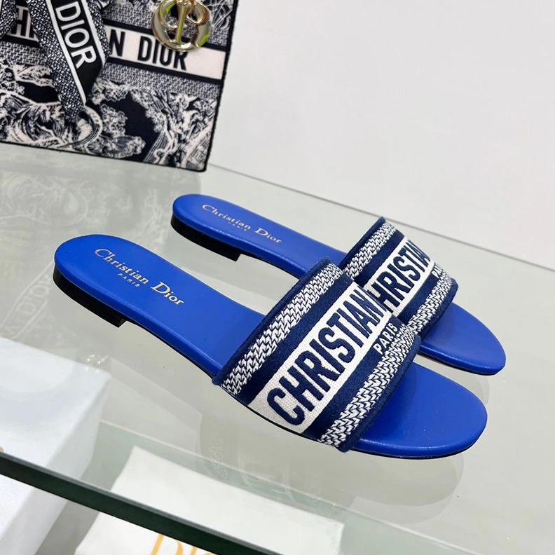 Affordable 3140 Christian Dior Dway Slides Women Canvas Bright Blue