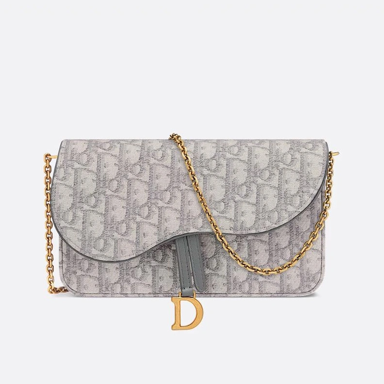 Affordable 3286 Medium Dior Saddle Pouch with Chain In Oblique Motif Canvas Grey