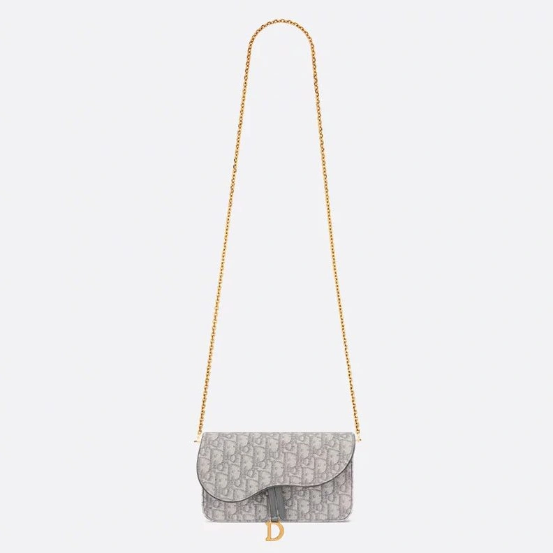 Affordable 3286 Medium Dior Saddle Pouch with Chain In Oblique Motif Canvas Grey