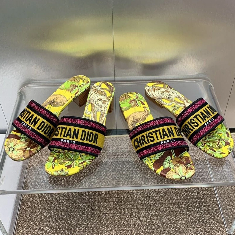 Affordable 7656 Christian Dior Dway Slides Women Toile de Jouy Voyage Motif Canvas Yellow