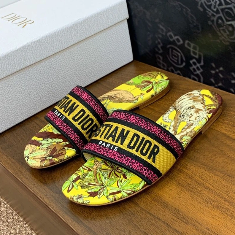 Affordable 7656 Christian Dior Dway Slides Women Toile de Jouy Voyage Motif Canvas Yellow