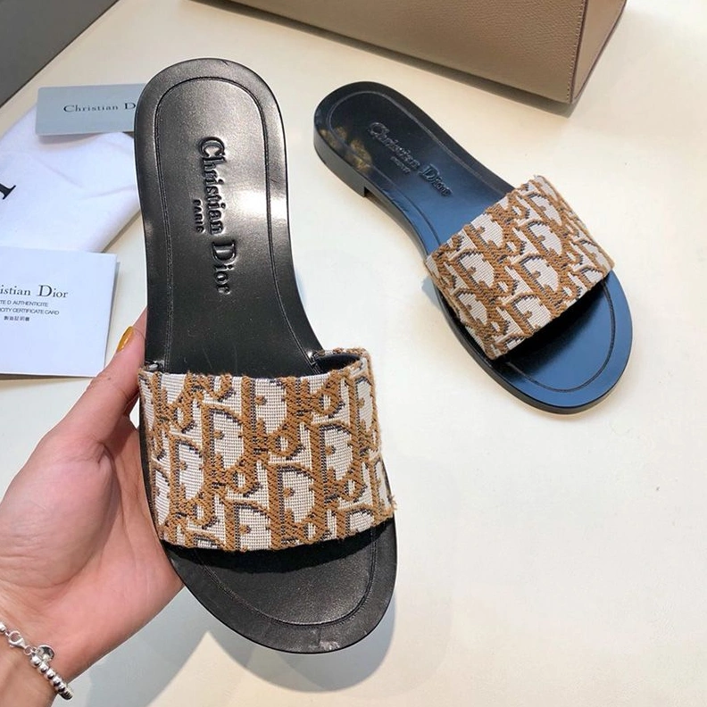 AllSeason 1920 Christian Dior Dway Slides Women Oblique Motif Canvas Apricot