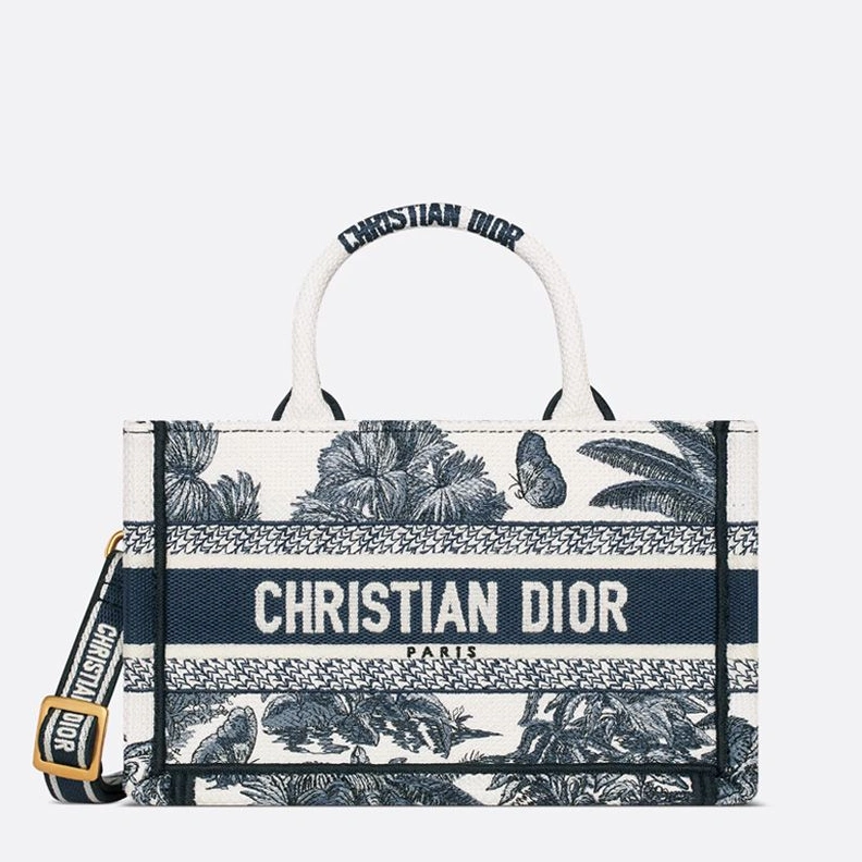 AllSeason 9371 Mini Dior Book Tote with Strap In Toile de Jouy Palms Motif Canvas White Blue