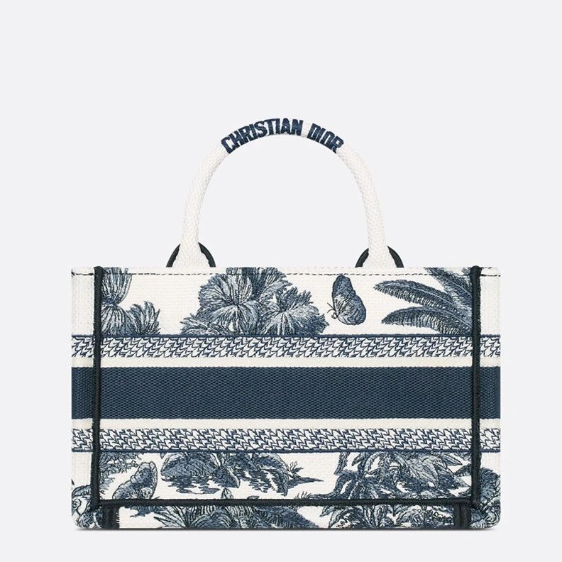 AllSeason 9371 Mini Dior Book Tote with Strap In Toile de Jouy Palms Motif Canvas White Blue