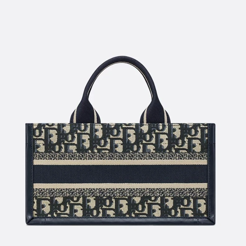 BestValue 1102 Small East-West Dior Book Tote with Strap In Oblique Motif Canvas and Calfskin Blue