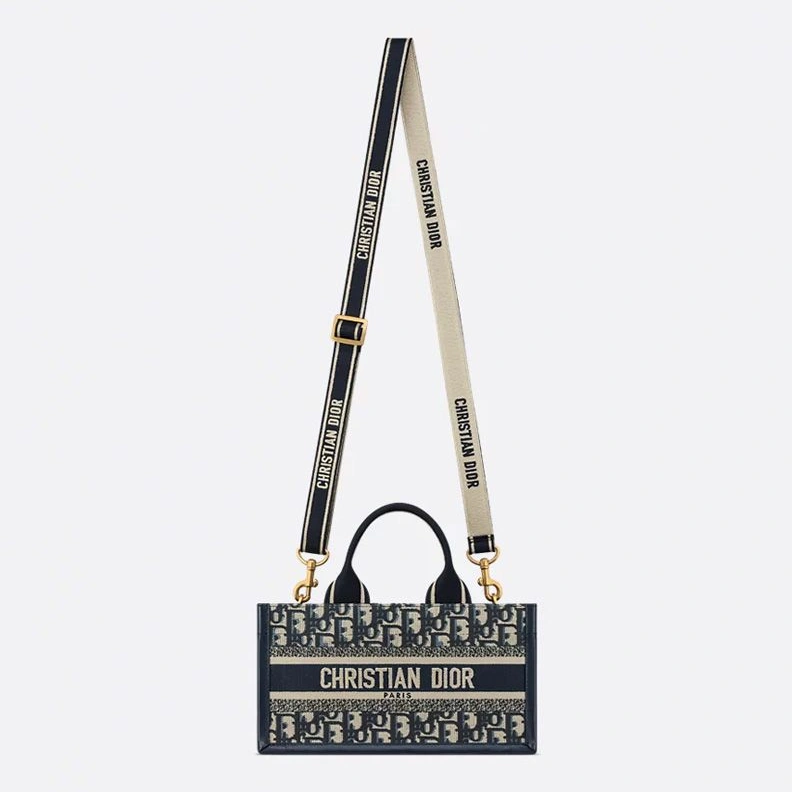 BestValue 1102 Small East-West Dior Book Tote with Strap In Oblique Motif Canvas and Calfskin Blue