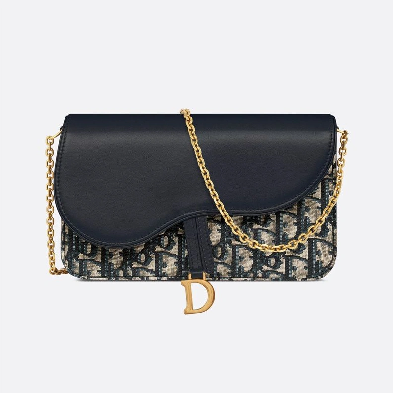 BestValue 228 Medium Dior Saddle Pouch with Chain In Oblique Motif Canvas and Smooth Calfskin Blue