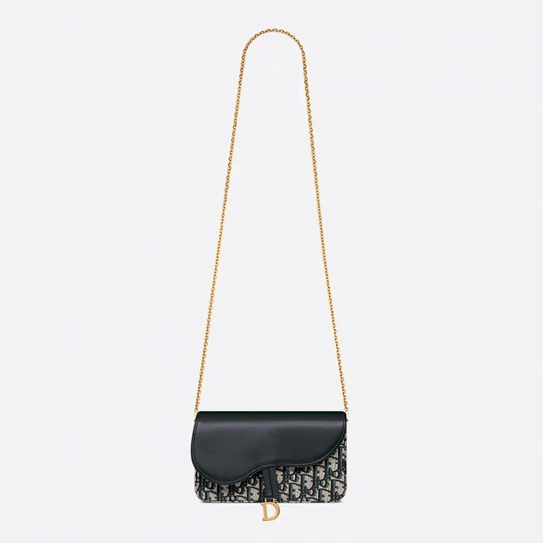 BestValue 228 Medium Dior Saddle Pouch with Chain In Oblique Motif Canvas and Smooth Calfskin Blue