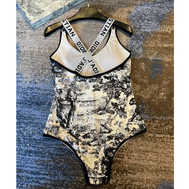 BestValue 4450 Dior Crisscross Swimsuit Women Toile De Jouy Motif Lycra White