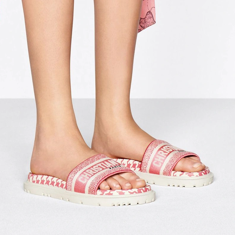 BestValue 5101 Christian Dior Dway Slides Women Micro Houndstooth Motif Cotton Pink