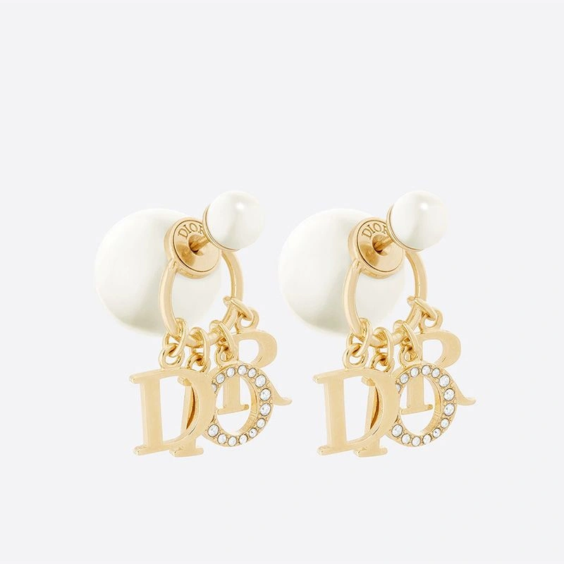 BestValue 8644 Dior Tribales Earrings Metal, White Resin Pearls and White Crystals Gold