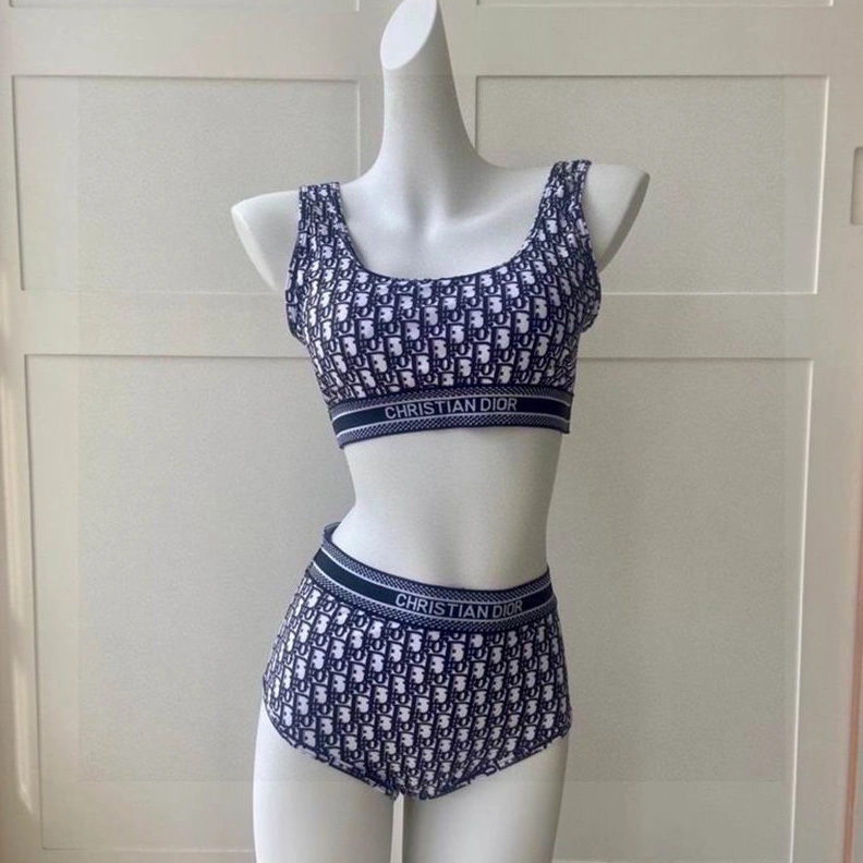 Christian Dior Bandeau Bikini Women Oblique Motif Lycra Blue EasyMatch 4556