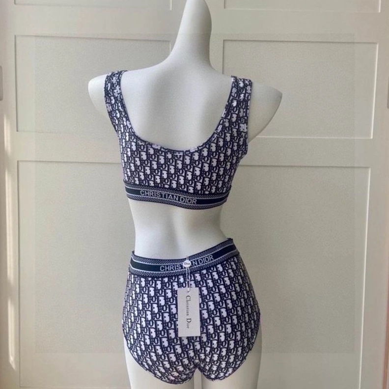 Christian Dior Bandeau Bikini Women Oblique Motif Lycra Blue EasyMatch 4556