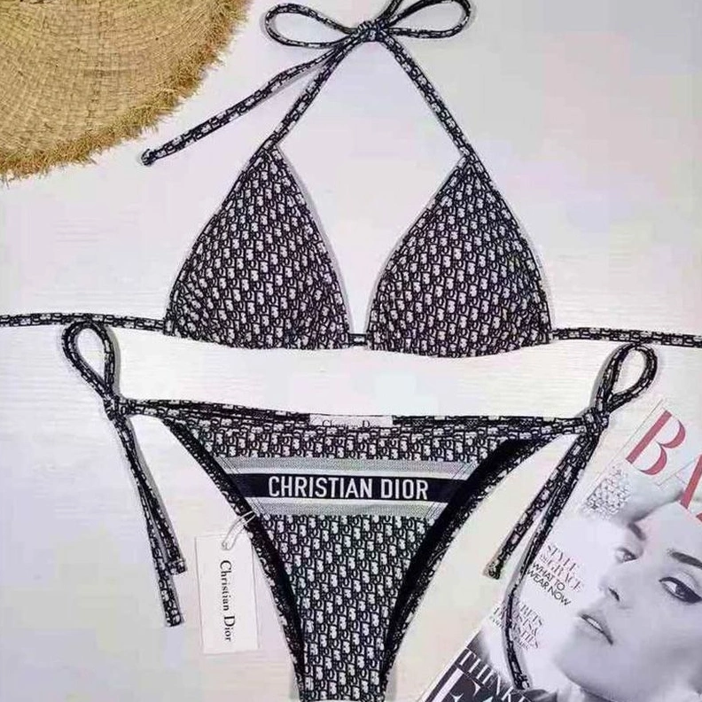 Christian Dior Bikini Women Oblique Motif Lycra Black Grey Comfortable 5336