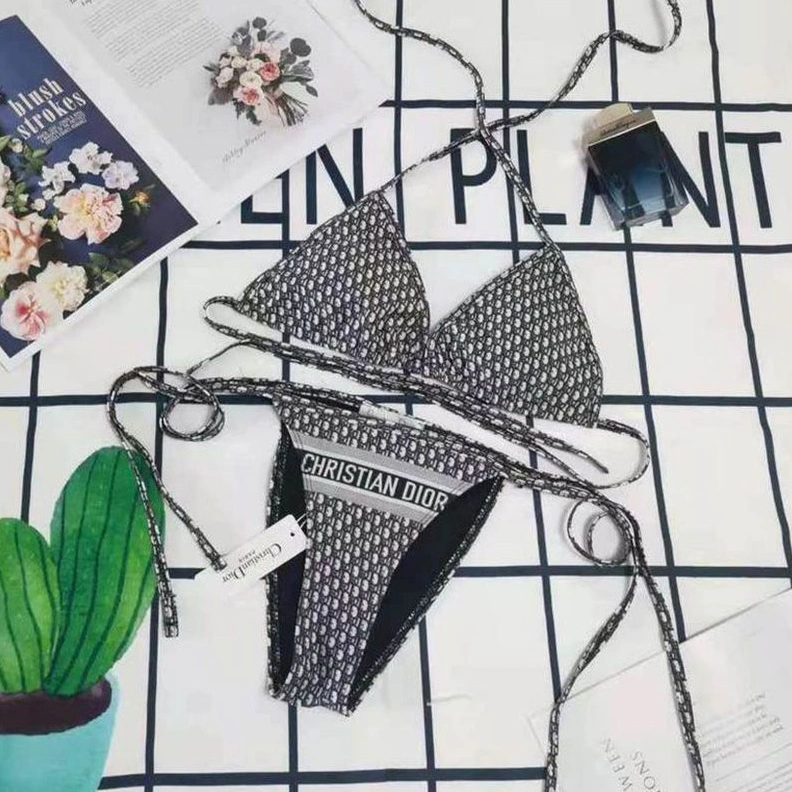 Christian Dior Bikini Women Oblique Motif Lycra Black Grey Comfortable 5336