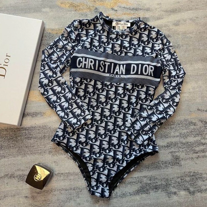 Christian Dior Bodysuit Women Oblique Motif Lycra Blue ModernLook 8903