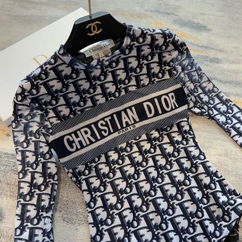 Christian Dior Bodysuit Women Oblique Motif Lycra Blue ModernLook 8903