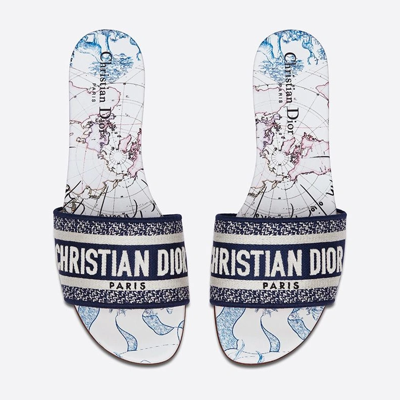 Christian Dior Dway Slides Women Around The World Motif Canvas Blue Trendy 3864