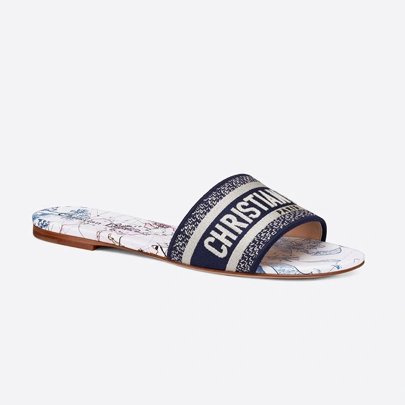 Christian Dior Dway Slides Women Around The World Motif Canvas Blue Trendy 3864