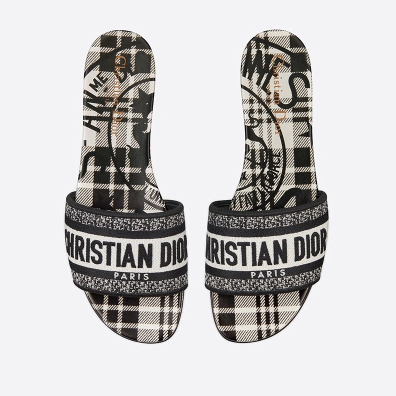 Christian Dior Dway Slides Women Jute Check'n'Dior Motif Canvas White Affordable 7064