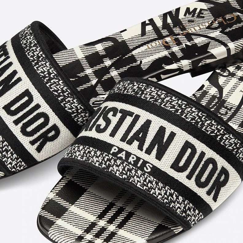 Christian Dior Dway Slides Women Jute Check'n'Dior Motif Canvas White Affordable 7064
