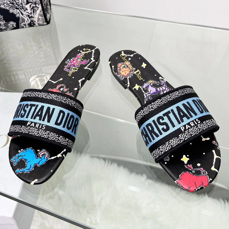 Christian Dior Dway Slides Women Pixel Zodiac Motif Canvas Black NewStyle 6241