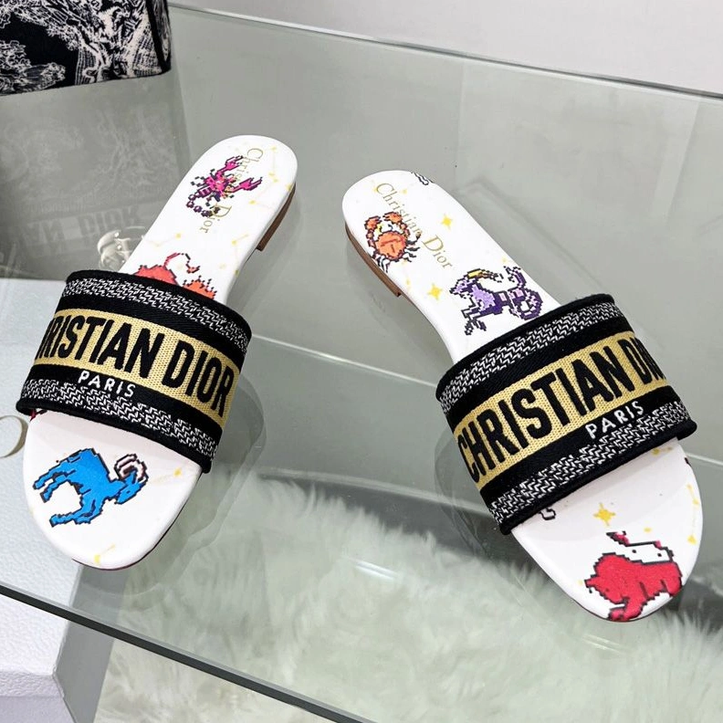 Christian Dior Dway Slides Women Pixel Zodiac Motif Canvas White TopPick 5083
