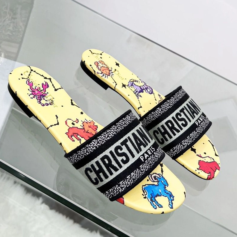Christian Dior Dway Slides Women Pixel Zodiac Motif Canvas Yellow EasyMatch 7456