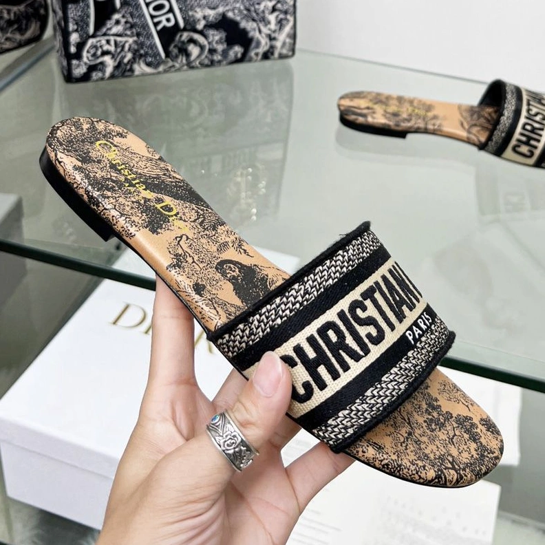 Christian Dior Dway Slides Women Toile De Jouy Motif Canvas Beige TopPick 6767
