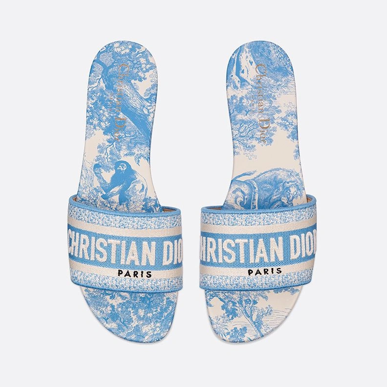 Christian Dior Dway Slides Women Toile De Jouy Motif Canvas Sky Blue Comfortable 3581