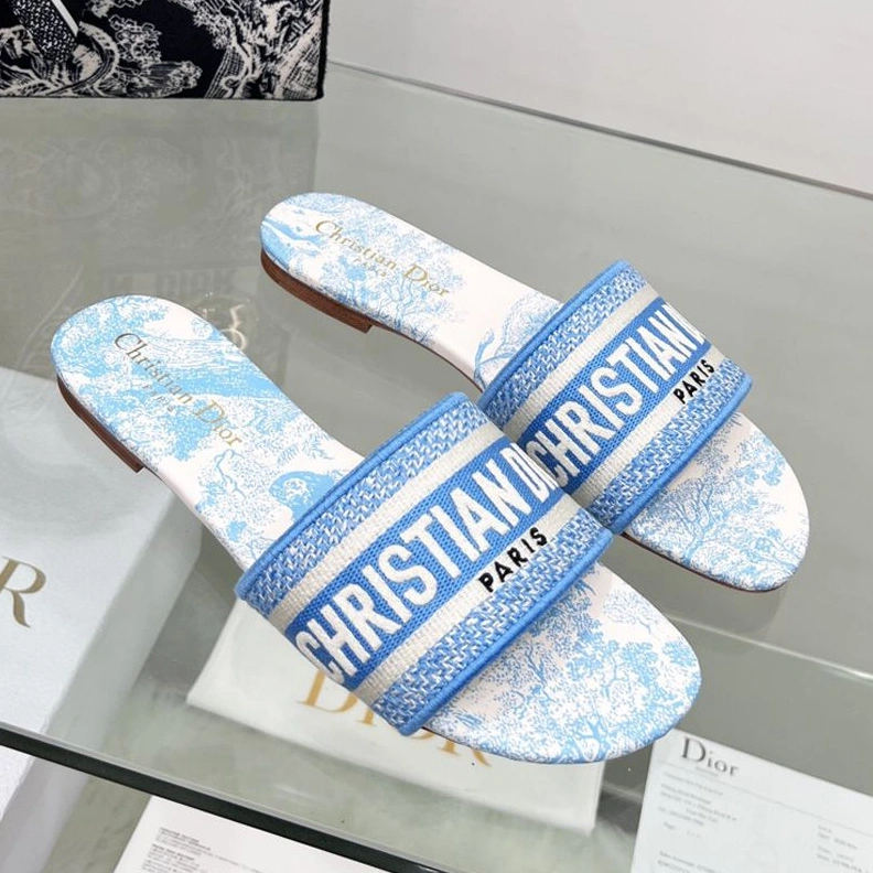 Christian Dior Dway Slides Women Toile De Jouy Motif Canvas Sky Blue Comfortable 3581