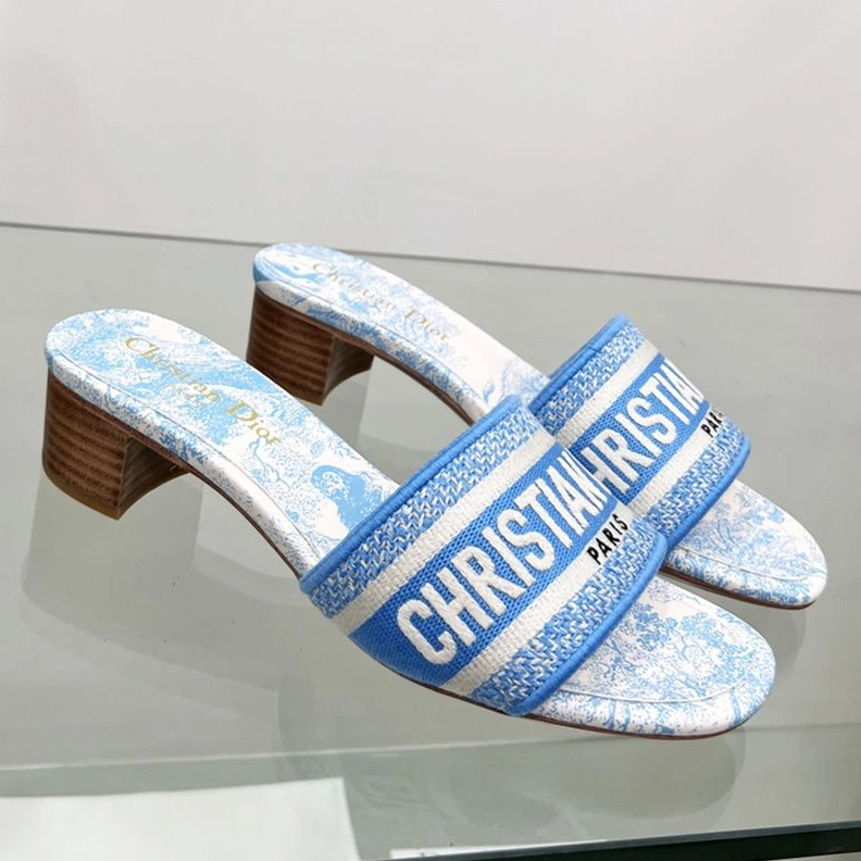 Christian Dior Dway Slides Women Toile De Jouy Motif Canvas Sky Blue Comfortable 3581