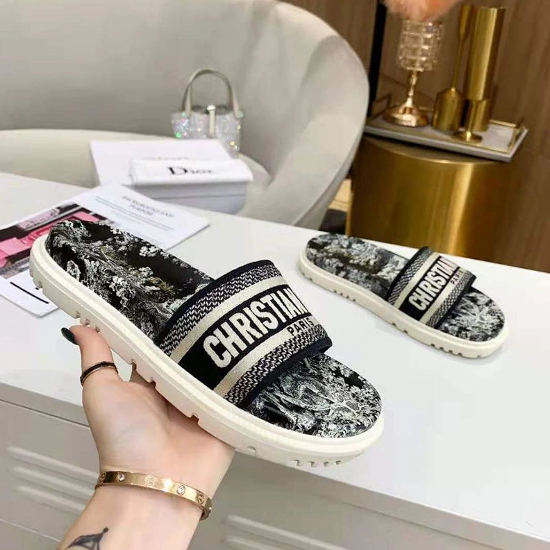 Christian Dior Dway Slides Women Toile De Jouy Motif Cotton Black TopPick 9788