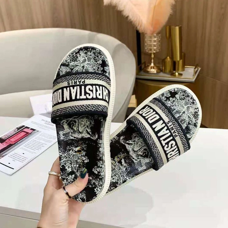 Christian Dior Dway Slides Women Toile De Jouy Motif Cotton Black TopPick 9788