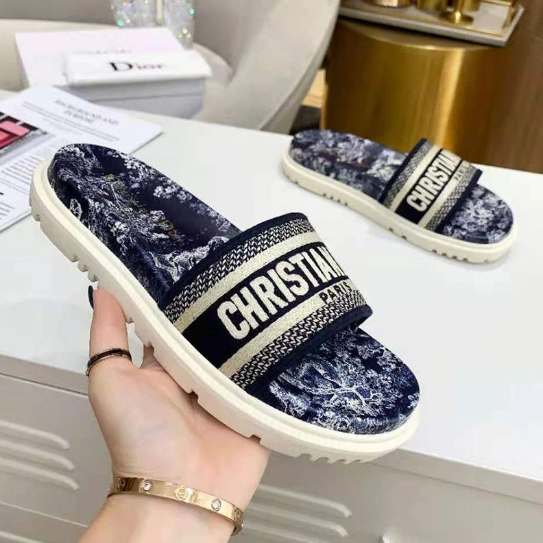 Christian Dior Dway Slides Women Toile De Jouy Motif Cotton Blue TopPick 7964