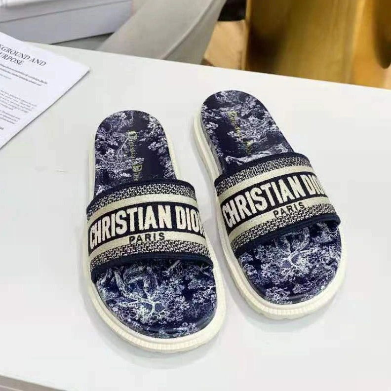 Christian Dior Dway Slides Women Toile De Jouy Motif Cotton Blue TopPick 7964