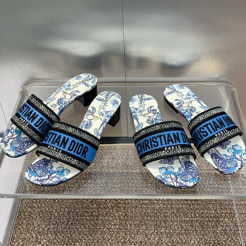 Christian Dior Dway Slides Women Toile de Jouy Mexico Motif Canvas White Blue GoodFit 1849
