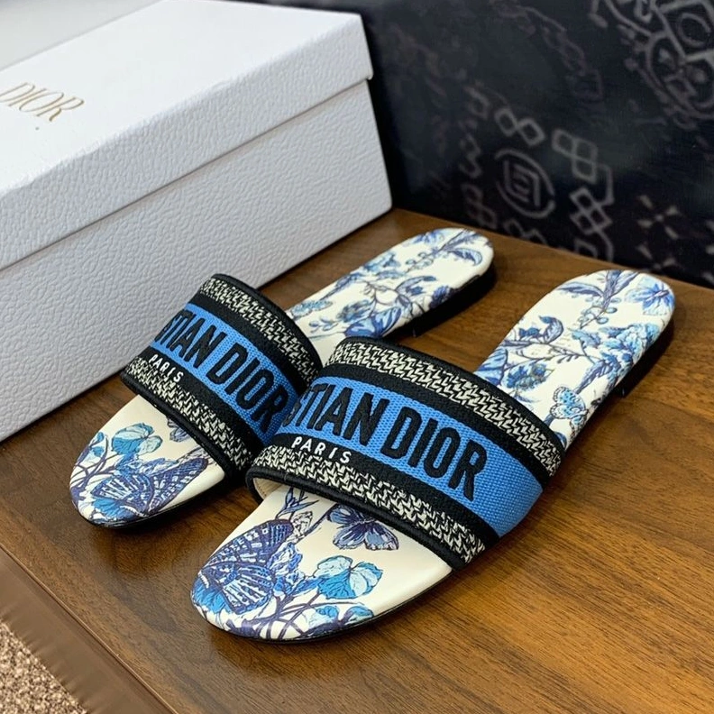 Christian Dior Dway Slides Women Toile de Jouy Mexico Motif Canvas White Blue GoodFit 1849