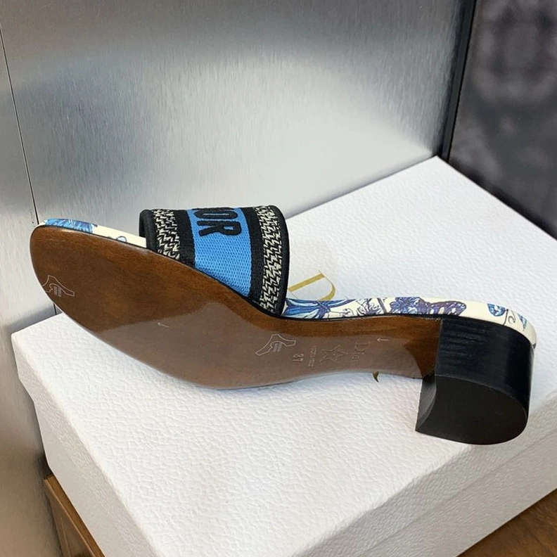 Christian Dior Dway Slides Women Toile de Jouy Mexico Motif Canvas White Blue GoodFit 1849