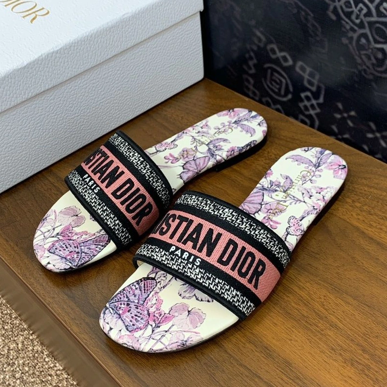 Christian Dior Dway Slides Women Toile de Jouy Mexico Motif Canvas White Pink DailyWear 7227