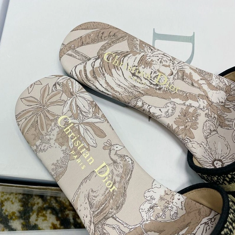 Christian Dior Dway Slides Women Toile de Jouy Voyage Motif Canvas Grey DailyWear 3254
