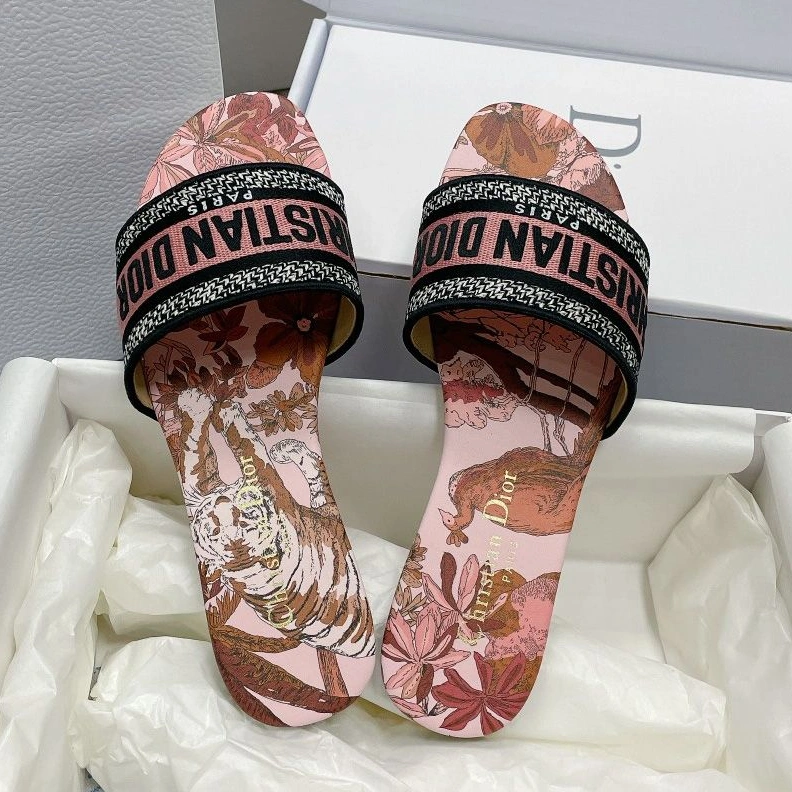 Christian Dior Dway Slides Women Toile de Jouy Voyage Motif Canvas Pink Fashionable 7729