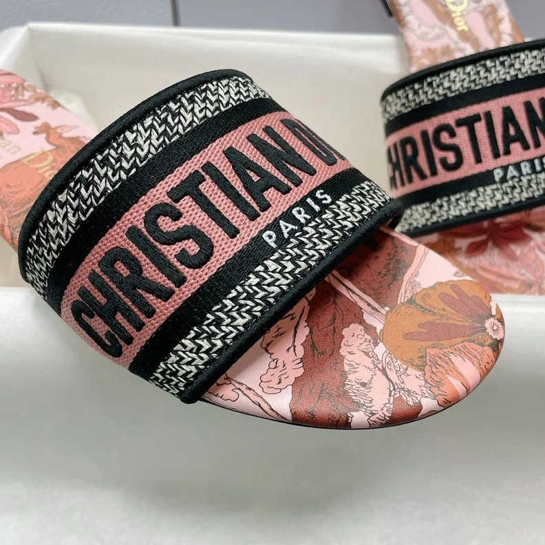 Christian Dior Dway Slides Women Toile de Jouy Voyage Motif Canvas Pink Fashionable 7729